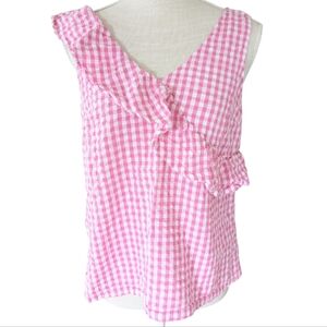 Crown & Ivy Women's M Sleeveless Ruffled Blouse Top Seersucker Checked Gingham